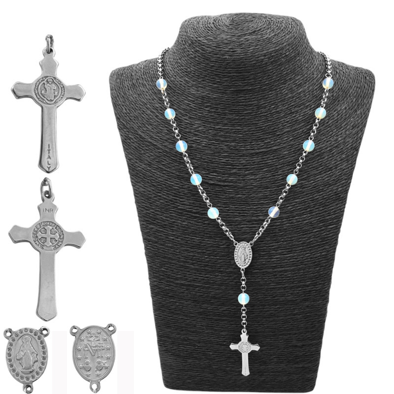 DENARIO 8MM C/ PIEDRA DE LA LUNA CRUZ  Y CENTRO DE LA VIRGEN (UNISEX)