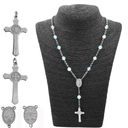 DENARIO 8MM C/ PIEDRA DE LA LUNA CRUZ  Y CENTRO DE LA VIRGEN (UNISEX)