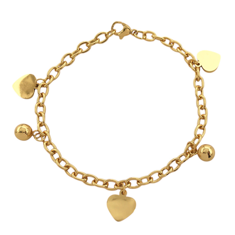 DORADO CADENA FORCE C/ CORAZONES LISOS Y BOLITAS 19CM PULSERA