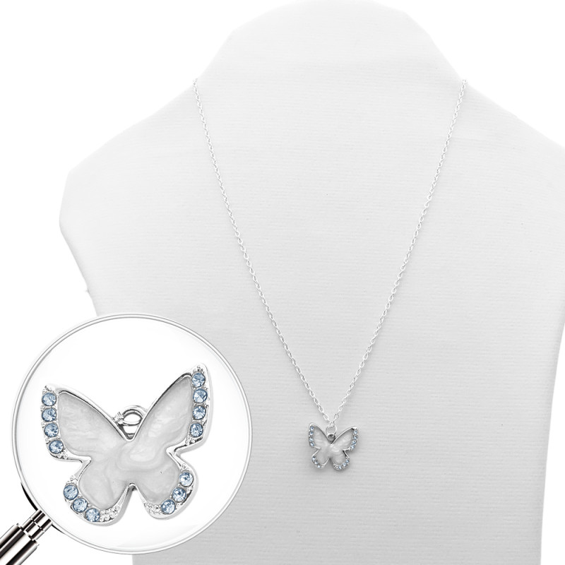 BLANCO MARIPOSA CONTORNO C/ STRASS Y RESINA BLANCO PERLADO 45CM COLLAR