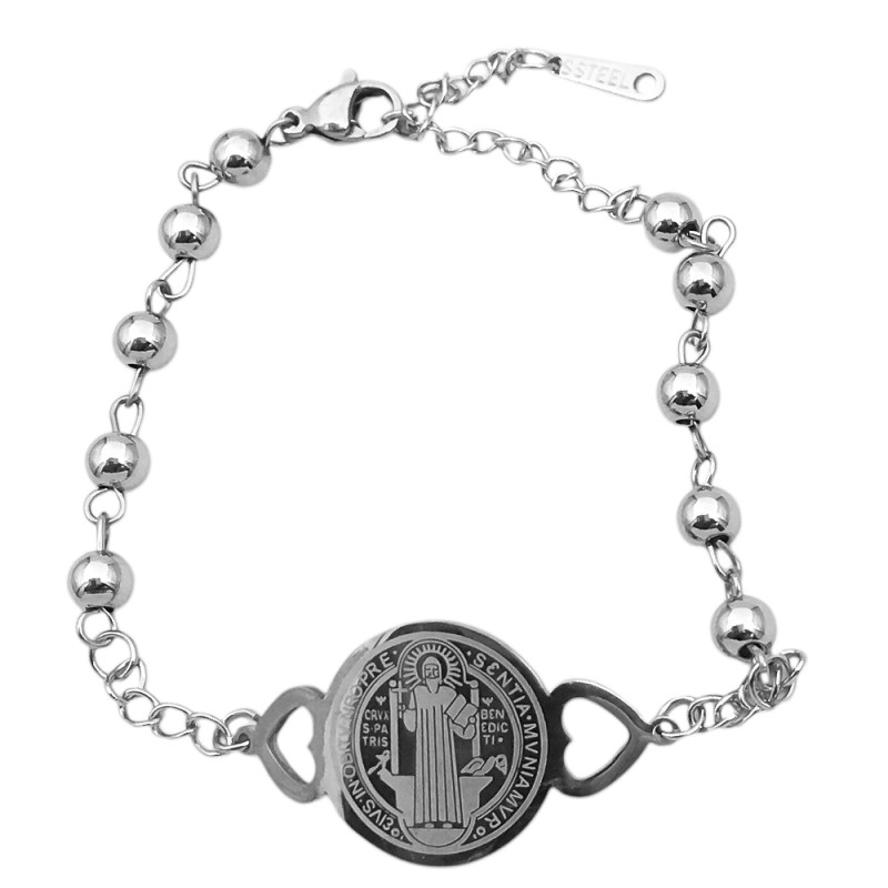 C/ BOLITAS DIJE SAN BENITO LASER CIRCULAR DOS CORAZONES CALADOS 17+6CM PULSERA