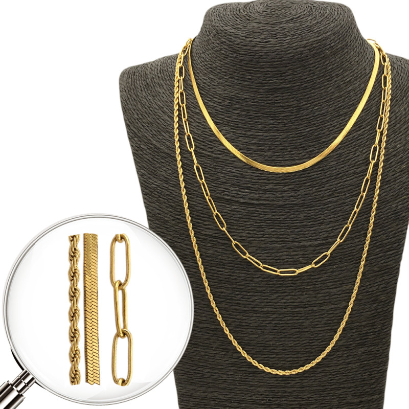 DORADO TRIPLE CADENA CLIP / CINTA PLANA / SOGA 40+5CM REGULABLE COLLAR