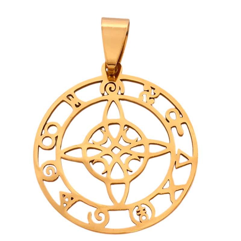 DORADO NUDO DE BRUJA C/ CONTORNO DE SIMBOLOS TODO CALADO DIJE