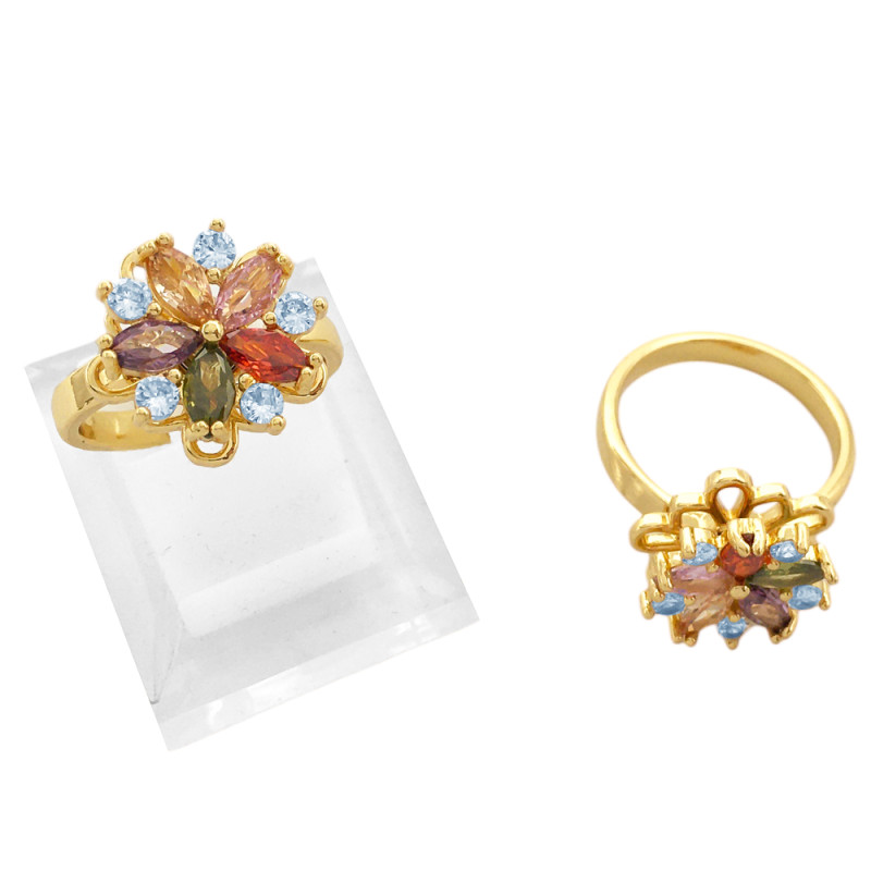 DORADO GIRATORIO UNIDAD FLOR C/ CUBIC DE COLORES BRONCE FANTASIA FINA ANILLO