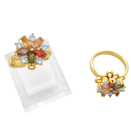 DORADO GIRATORIO UNIDAD FLOR C/ CUBIC DE COLORES BRONCE FANTASIA FINA ANILLO