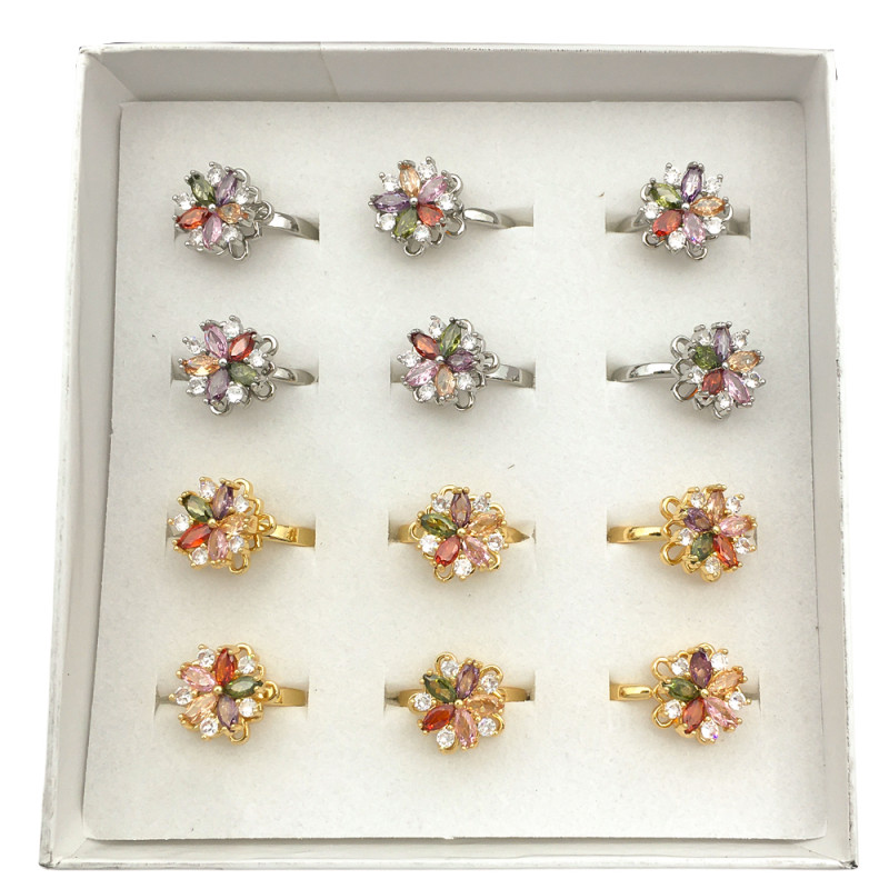 CAJA X12 GIRATORIO SURTIDOS FLOR C/ CUBIC DE COLORES BRONCE FANTASIA FINA ANILLO