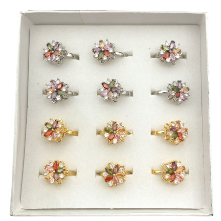 CAJA X12 GIRATORIO SURTIDOS FLOR C/ CUBIC DE COLORES BRONCE FANTASIA FINA ANILLO