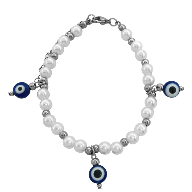 PERLAS BOLITAS DE ACERO Y TRES OJOS TURCOS COLOR COLGANDO 19+3CM PULSERA