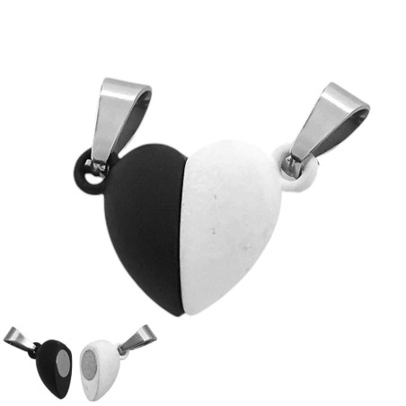 MINI BLANCO / NEGRO CORAZON 3D IMANTADO C/ DROPS PARA COMPARTIR COLLAR FANTASIA FINA DIJE