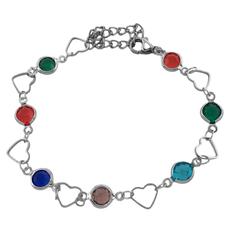 CRISTALES REDONDOS DE COLORES Y CORAZONES CALADOS PULSERA 17+5CM PULSERA