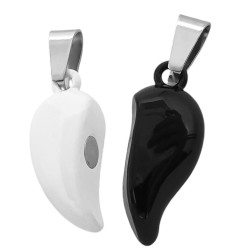 CHANFLE CORAZON NEGRO Y BLANCO 3D IMANTADO C/ DROPS PARA COMPARTIR COLLAR FANTASIA FINA DIJE