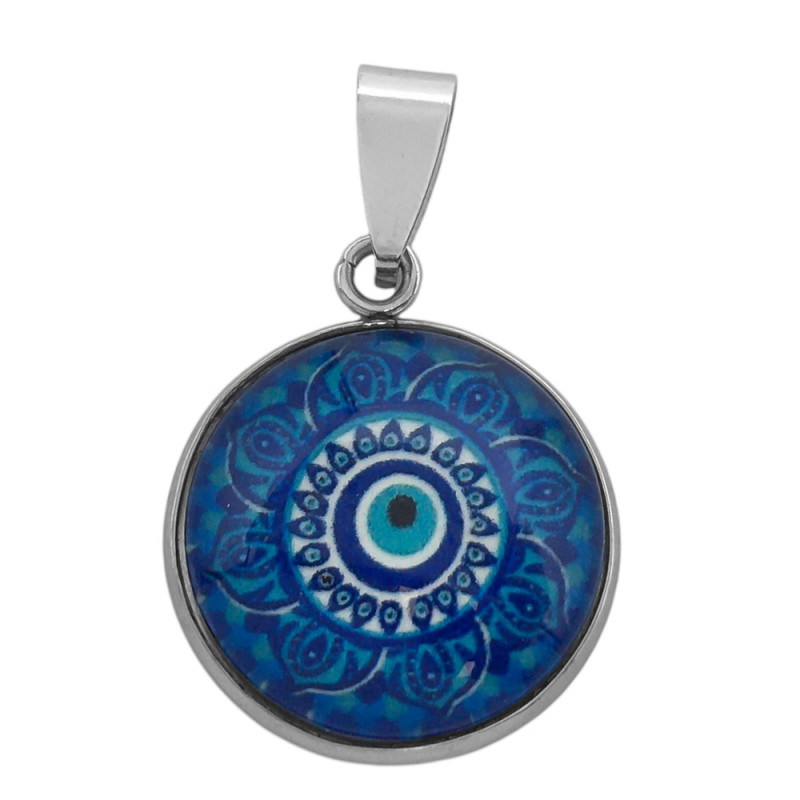 OJO TURCO COLOR DE VIDRIO BOMBE SOBRE ACERO QUIRURGICO DIJE