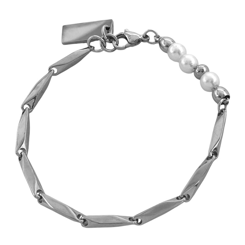 BLOQUES PERLAS BLANCAS BOLITAS Y MINI CHAPA P/ GRABAR 18CM PULSERA