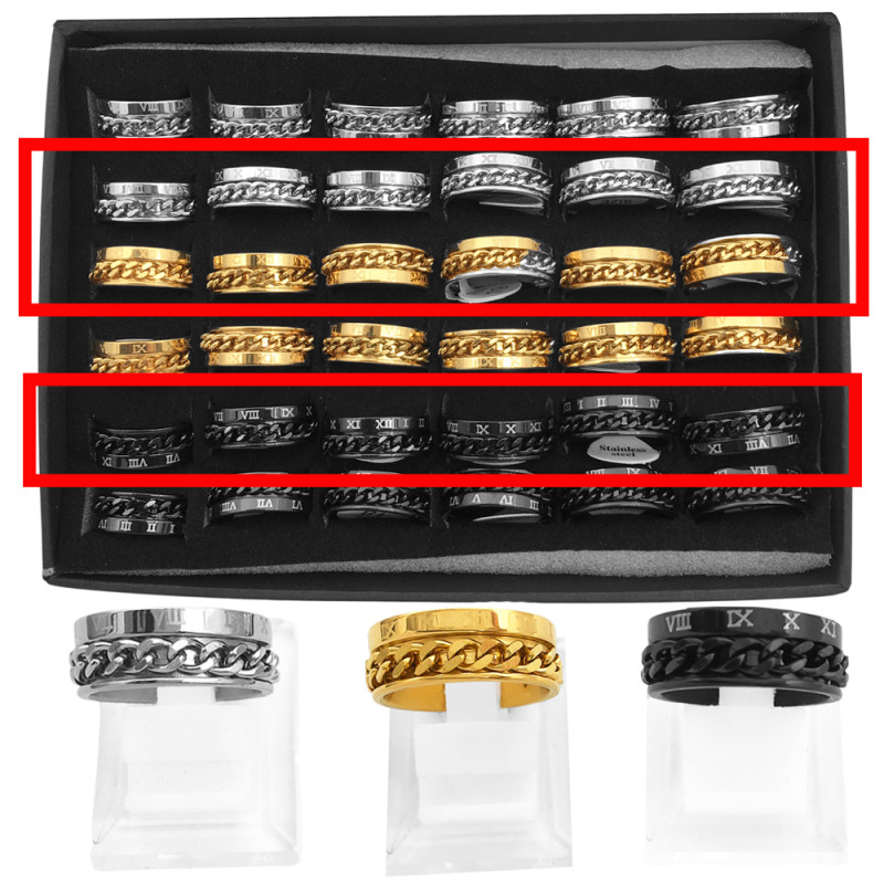 MEDIA CAJA X18 TRES COLORES C/ NRO. ROMANOS Y CADENA GIRATORIA ANILLO