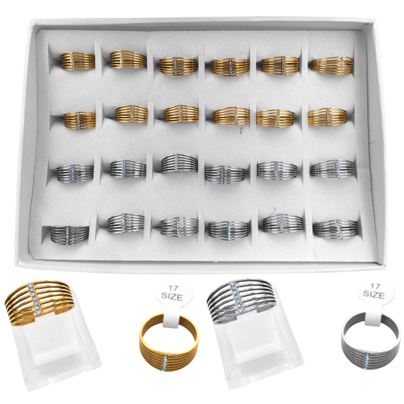 CAJA x24 MULTI LINEAS C/ PERPENDICULAR DE CUBIC DORADO Y ACERO ANILLO