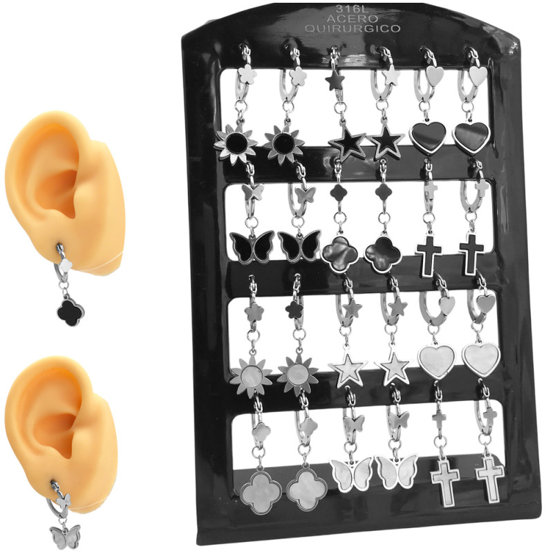 BLISTER X12 PARES FONDO NEGRO Y TIPO NACAR MOTIVOS SURTIDOS C:8001 EN ARGOLLA CHATA DE 15MM ARO