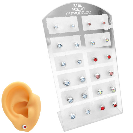 BLANCO BLISTER X12 PARES BOLITAS 3MM Y 5MM C/ STRASS DE COLORES SURTIDOS AROS