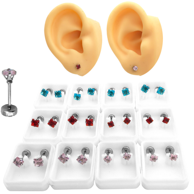 BLISTER X12 PARES EGARZADO CUADRADO DOS TAMAÑOS Y ROSA - ROJO - CELESTE AGUA MARINA OPCION: AM-07 ARO