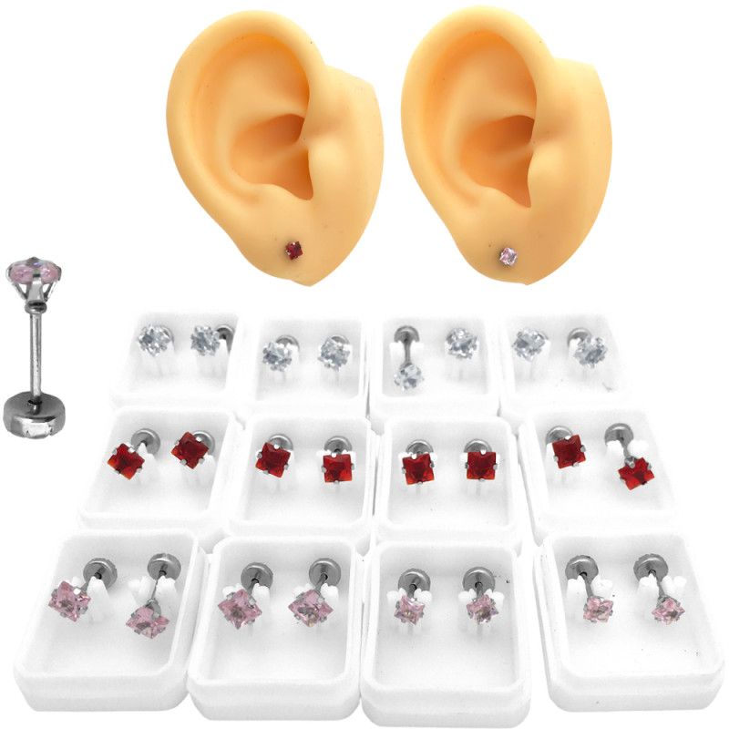 BLISTER X12 PARES EGARZADO CUADRADO DOS TAMAÑOS COLOR: CRISTAL - ROSA - ROJO OPCION: AM-08 ARO