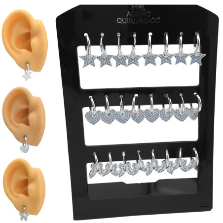 BLANCO BLISTER X12 PARES ESTRELLA - CORAZON - MARIPOSA C/ MICROPAVE EN BISAGRA 12MM AROS