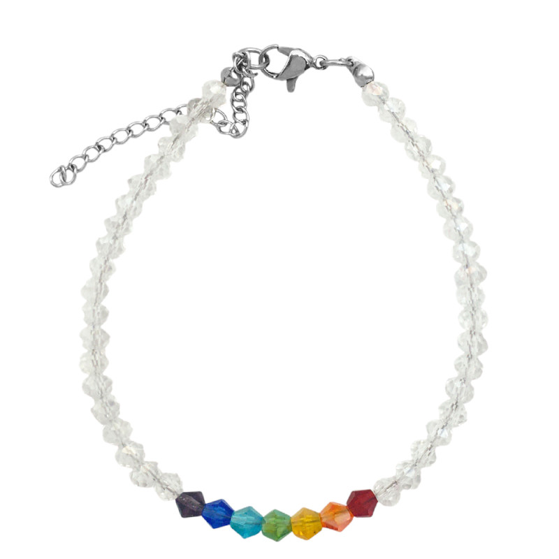 CRISTAL TRASLUCIDO SIETE CHAKRAS EN LINEA 19 + 4 CM PULSERA / TOBILLERA