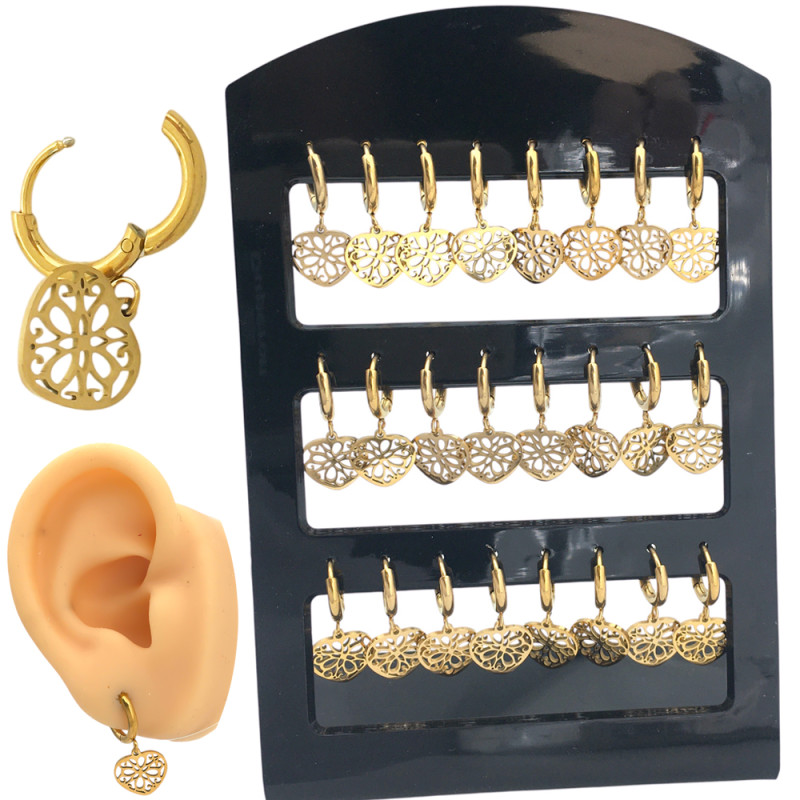 DORADO BLISTER X12 PARES CORAZON CALADO C/ DIBUJO DE FLOR EN BISAGRA DE 12MM ARO