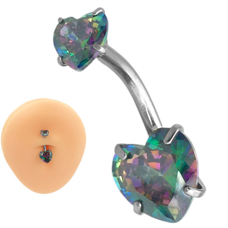 TORNASOLADO 5/8*1.6*10 CRISTAL PIERCING OMBLIGO 2 CORAZONES ACERO QUIRURGICO PIERCING
