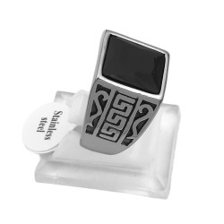 RECTANGULO C/ GUARDA PAMPA Y V LATERAL PIEDRA NEGRA GRANDE FACETADA SELLO HOMBRE ANILLO