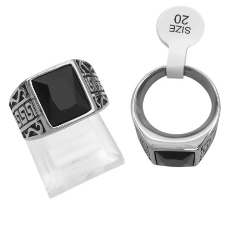 RECTANGULO C/ GUARDA PAMPA Y V LATERAL PIEDRA NEGRA GRANDE FACETADA SELLO HOMBRE ANILLO