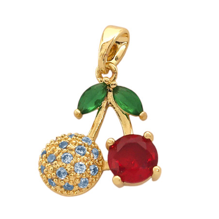 DORADO CEREZAS UNA DE CRISTAL ROJO Y OTRA DORADA C/ STRASS CRISTAL C/ DOS HOJAS DE STRASS VERDES FANTASIA FINA DIJE