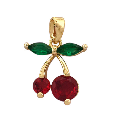 DORADO DOS CEREZAS DE CRISTAL ROJO Y DOS HOJAS DE CRISTAL VERDE FANTASIA FINA DIJE