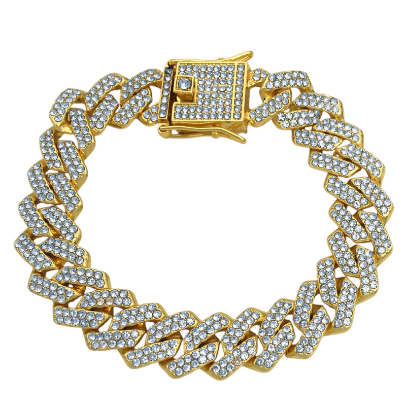 DORADO CUBANA PREMIUM 1.3CM - 20CM BRILLO ICE C/ CIERRE Y CUBIC CIRCULARES POR TODO EL ESLABON FANTASIA FINA PULSER