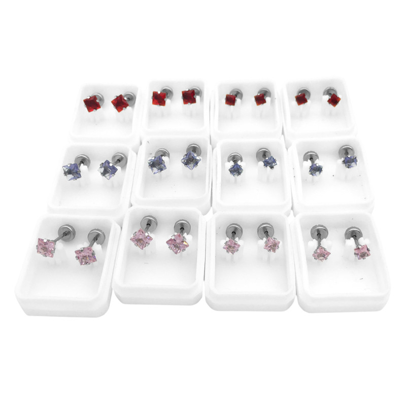 BLISTER X12 PARES EGARZADO CUADRADO ROJO VIOLETA Y ROSA DOS TAMAÑOS OPCION: AM-09 ARO