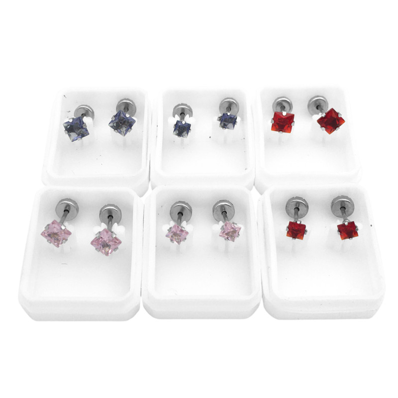 6 PARES EGARZADO CUADRADO ROJO VIOLETA Y ROSA DOS TAMAÑOS OPCION: AM-09 ARO