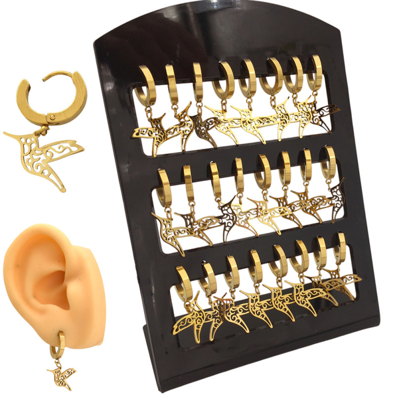 DORADO BLISTER X12 PARES COLIBRI PICAFLOR CALADO C/ CURVAS EN BISAGRA DE 13MM ARO