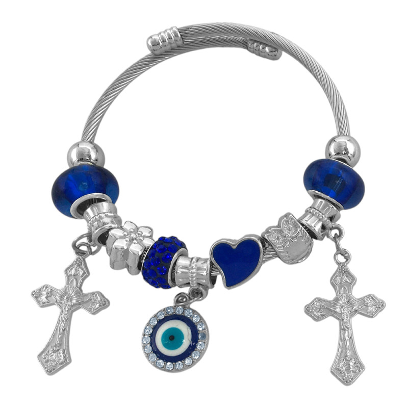 TIPO PANDORA OJO TURCO REDONDO CONTORNO STRASS CRUCES C/ CRISTO Y AZUL ESCLAVA PULSERA