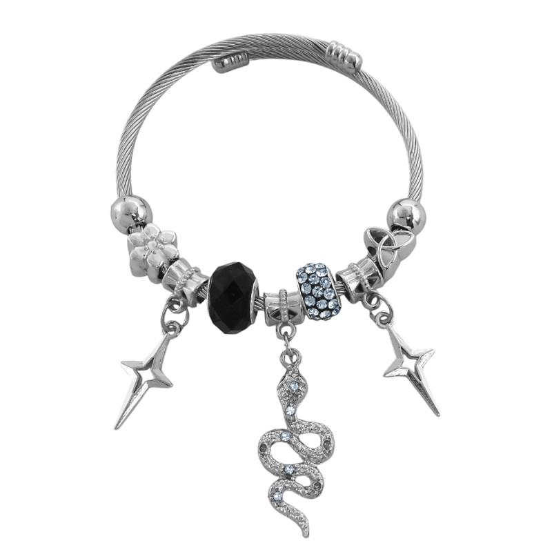 TIPO PANDORA SERPIENTE STRASS Y ESTRELLAS 4 PUNTAS NEGRO ESCLAVA PULSERA