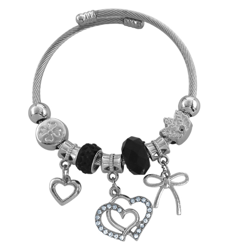 TIPO PANDORA CORAZONES STRASS Y MOÑO NEGRO ESCLAVA PULSERA