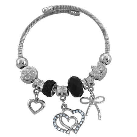 TIPO PANDORA CORAZONES STRASS Y MOÑO NEGRO ESCLAVA PULSERA
