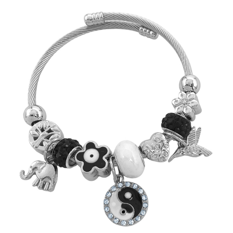 TIPO PANDORA YING Y YANG ELEFANTE COLIBRI NEGRO ESCLAVA PULSERA