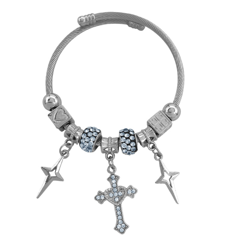 TIPO PANDORA UNA CRUZ Y DOS ESTRELLAS DE CUATRO PUNTAS CRISTAL  ESCLAVA PULSERA