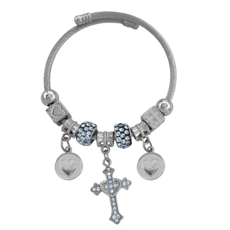 TIPO PANDORA UNA CRUZ Y DOS CORAZONES EN CIRCULO CRISTAL  ESCLAVA PULSERA