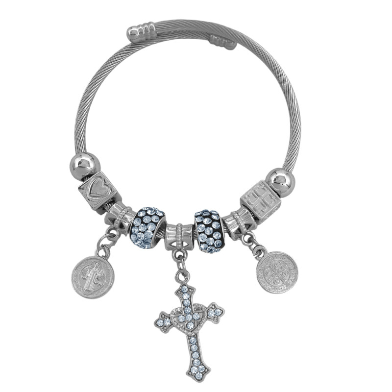TIPO PANDORA UNA CRUZ Y DOS SAN BENITO CRISTAL  ESCLAVA PULSERA