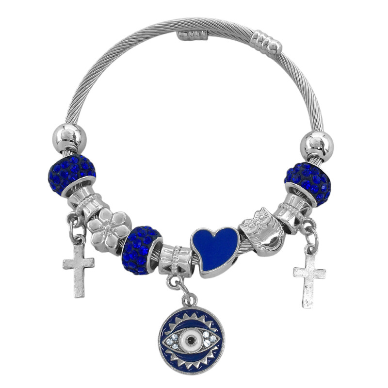TIPO PANDORA UN OJO TURCO Y DOS CRUCES RECTAS AZUL  ESCLAVA PULSERA