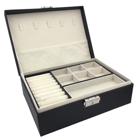 NEGRO ALHAJERO MEDIANO DOS PISOS UNO REMOVIBLE CAJA RECTANGULAR FORRADA EN CUERO