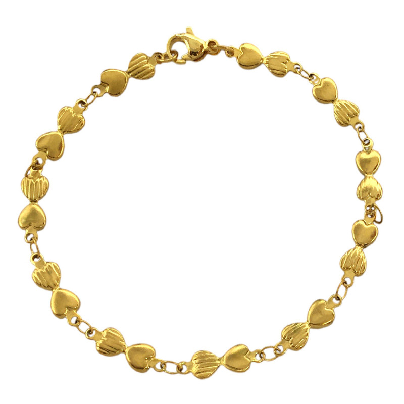 DORADO CORAZONES 3D ENFRENTADOS LISOS Y C/ RELIEVE 19CM PULSERA