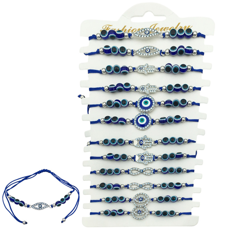 BLISTER x12 HILO AZUL OJOS TURCOS BOLITA Y DIJES C/ STRASS Y OJOS TURCOS SURTIDAS PULSERA / TOBILLERA