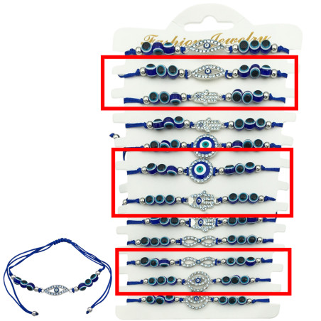 MEDIO BLISTER x6 HILO AZUL OJOS TURCOS BOLITA Y DIJES C/ STRASS Y OJOS TURCOS SURTIDAS PULSERA / TOBILLERA