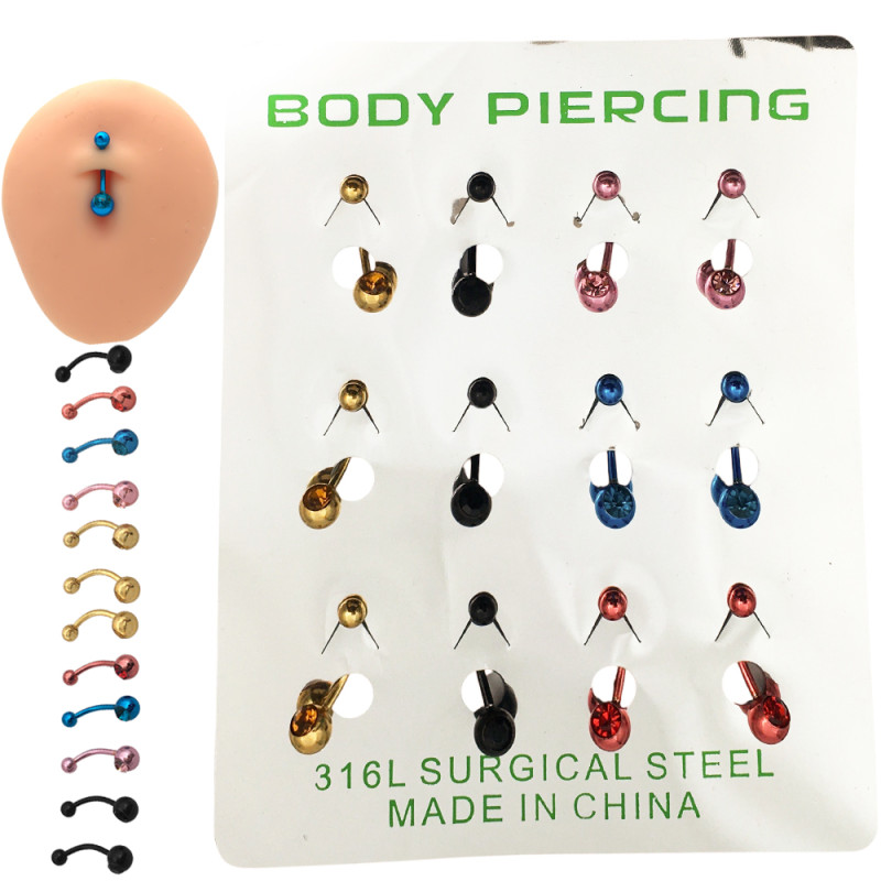 BLISTER x12 SURTIDO COLORES METALIZADO OMBLIGO CURVO C/ STRASS PIERCING
