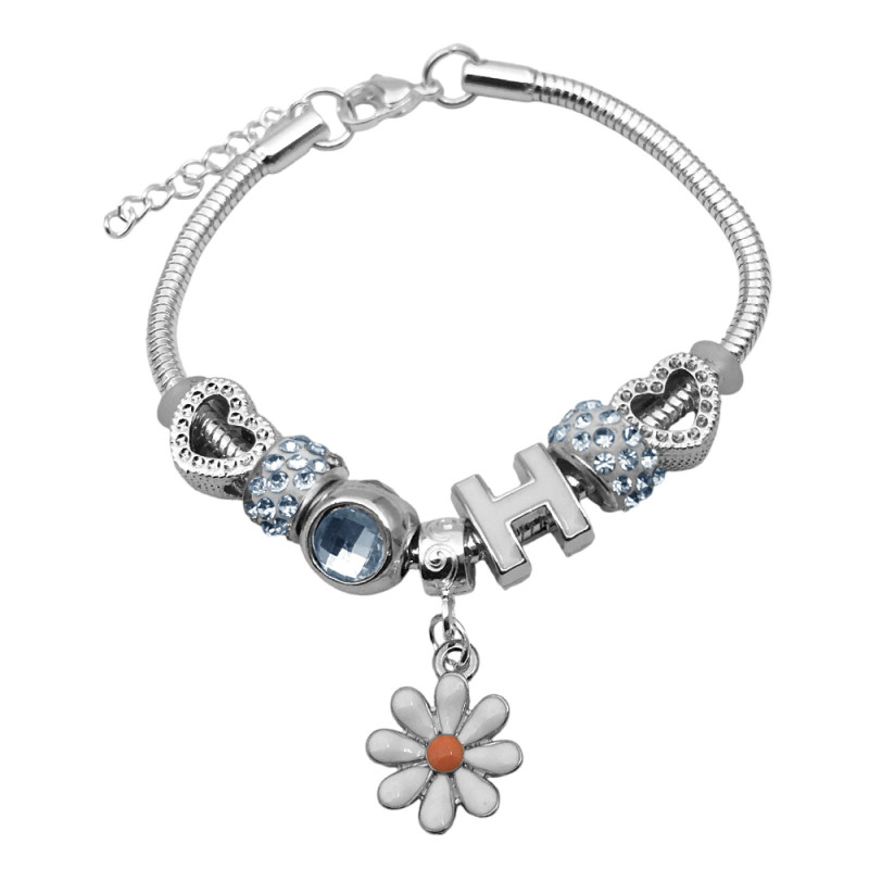 BLANCO TIPO PANDORA BLANCA MARGARITA CORAZONES 3.2MM-17+3CM PULSERA